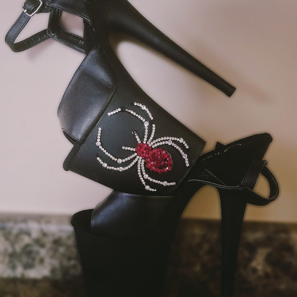 Pleasers 8 Inch Heel Flamingo Black Widow Spider Gemstones (RARE!)